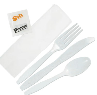 WNA 6PC Cutlery Kit PS White With 1PLY 15 x 13.5 Napkin,Fork,Knife,Spoon,Salt & Pepper 250/Case