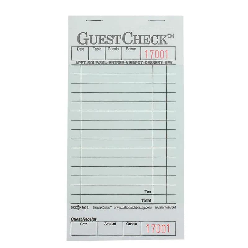 Guest Check 3.5X6.75 IN Cardboard Green 1-Part Medium Single Copy Paper 50 Sheets/Pack 50 Packs/Case 2500 Count/Case
