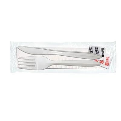 5PC Cutlery Kit PS White Medium Weight Individually Wrapped With 13X17 Napkin,Fork,Knife,Salt & Pepper 500/Case