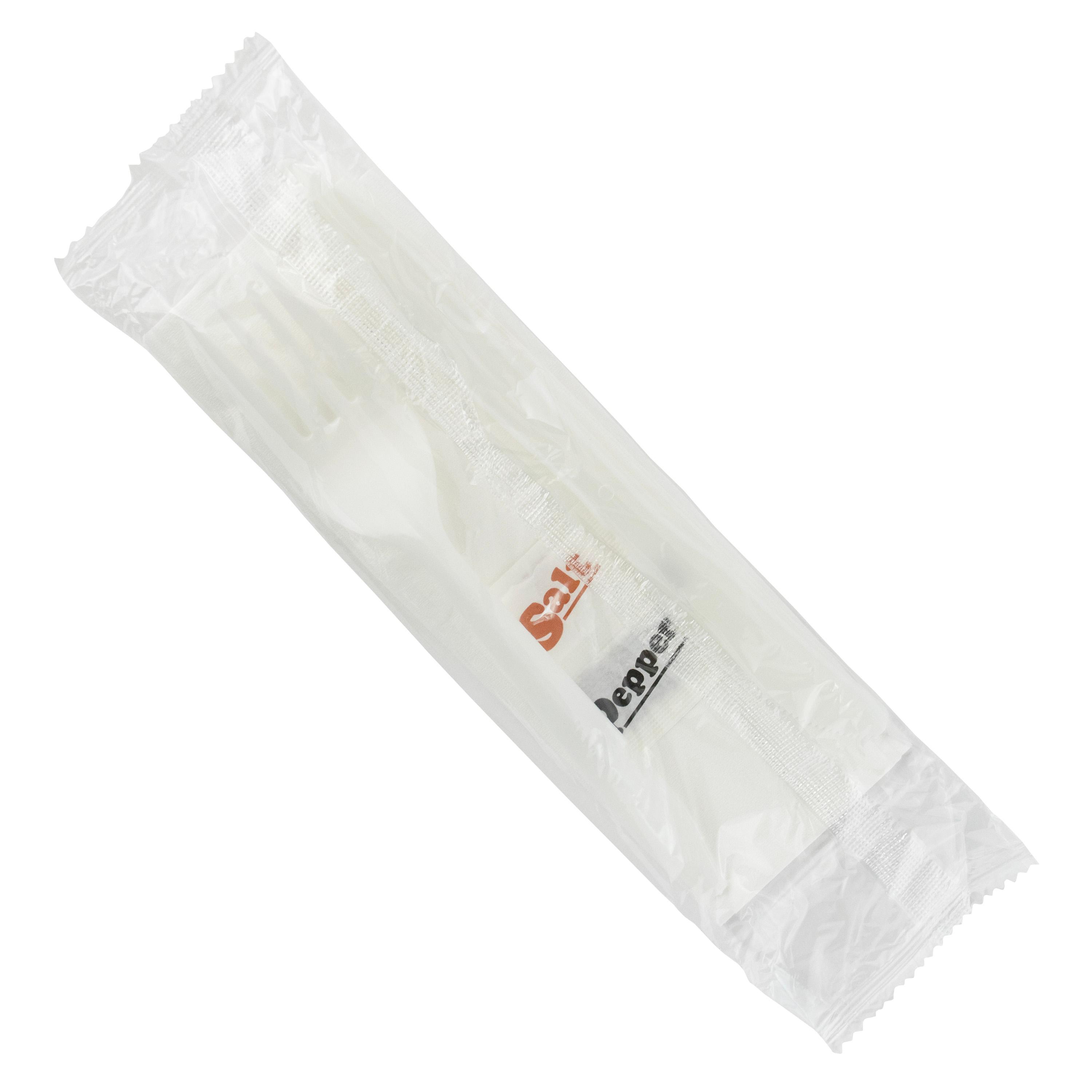 5PC Cutlery Kit PS White Medium Weight Individually Wrapped With 13X17 Napkin,Fork,Knife,Salt & Pepper 500/Case