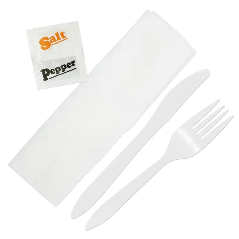 5PC Cutlery Kit PS White Medium Weight Individually Wrapped With 13X17 Napkin,Fork,Knife,Salt & Pepper 500/Case