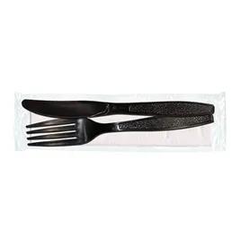 3PC Cutlery Kit Plastic Black Heavy Duty With 2PLY 13X17 Napkin,Fork,Knife 250/Case