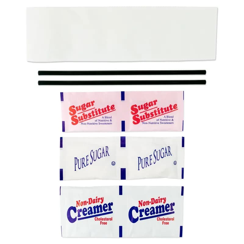 Coffee 6PC Hospitality Kit With Stirrer Napkin Sugar Substitute Creamer 2 Sugars 250/Case