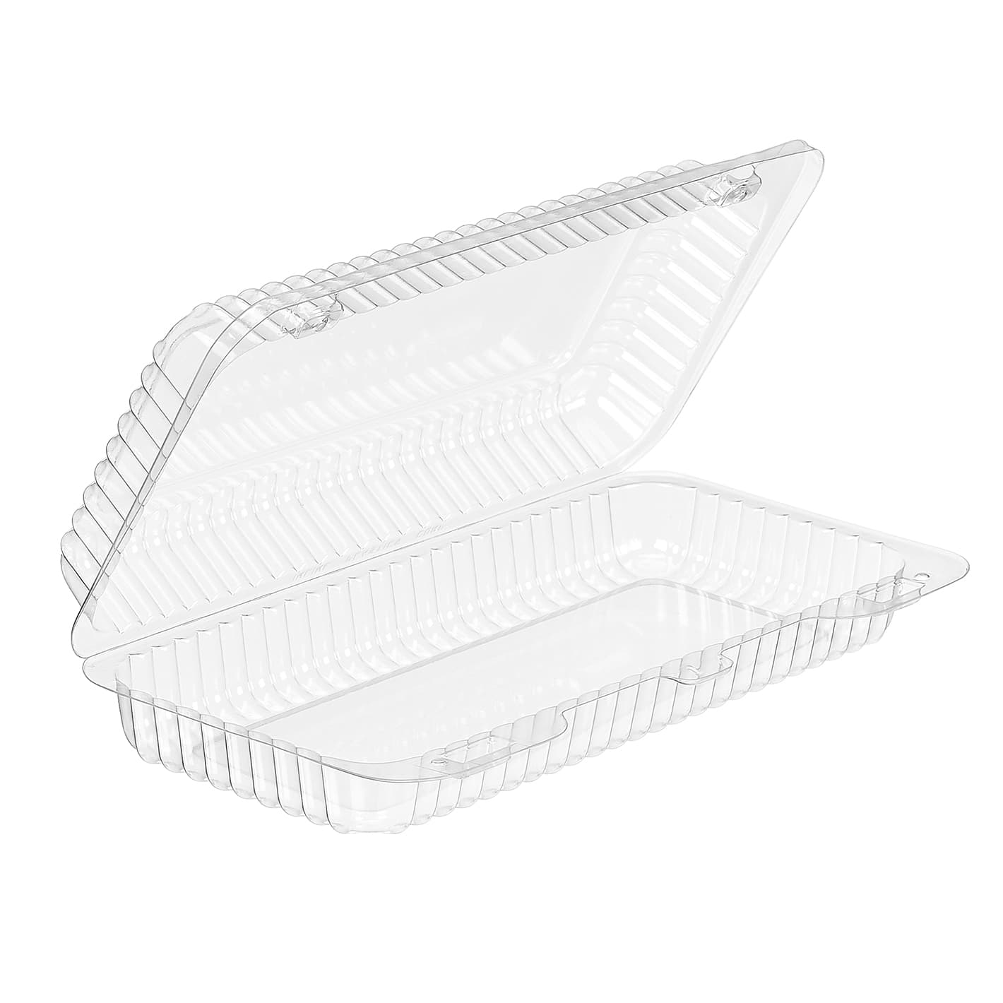 Essentials Take-Out Container Hinged With Dome Lid Small (SM) 8.5X4.4375X1.875 IN RPET Clear Rectangle Shallow Bar Lock 300/Case