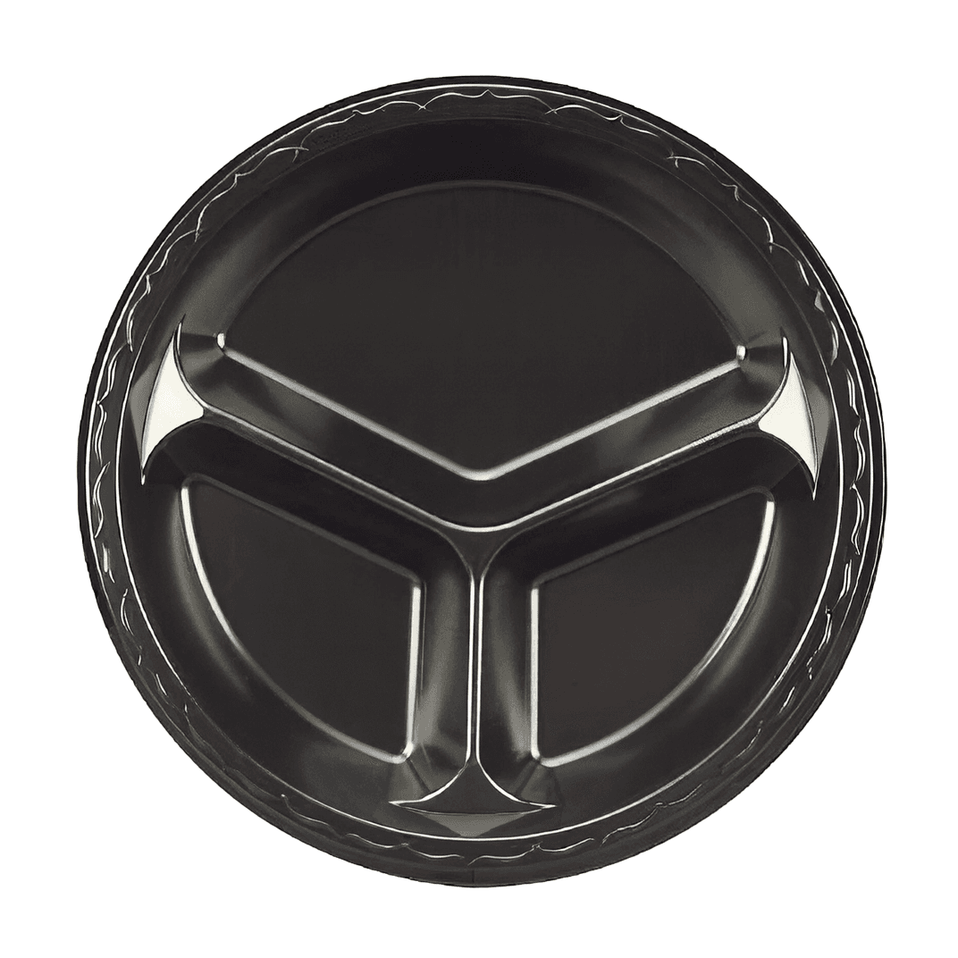Plate 10.25 IN 3 Compartment Polystyrene Foam Black Round Laminated 500/Case