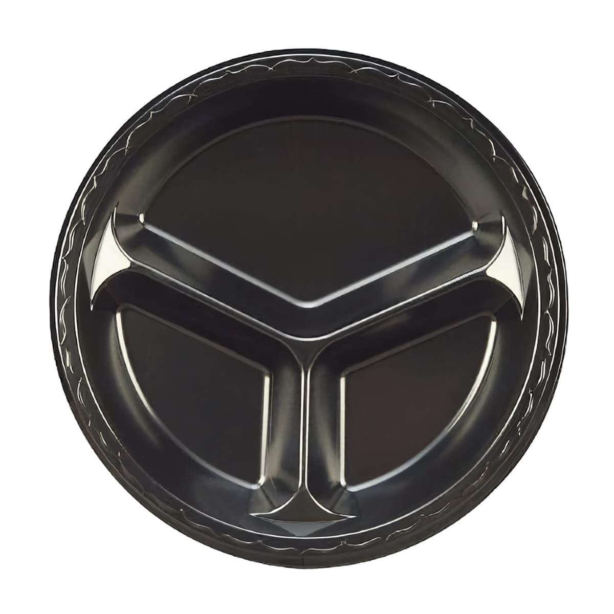 Plate 10.25 IN 3 Compartment Polystyrene Foam Black Round Laminated 500/Case