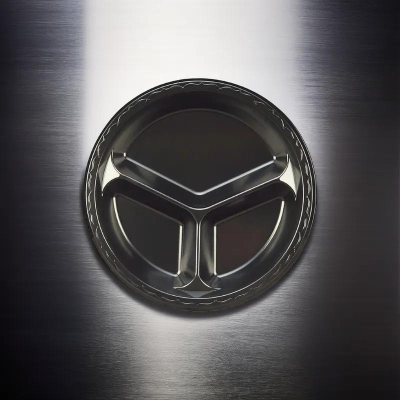 Plate 10.25 IN 3 Compartment Polystyrene Foam Black Round Laminated 500/Case