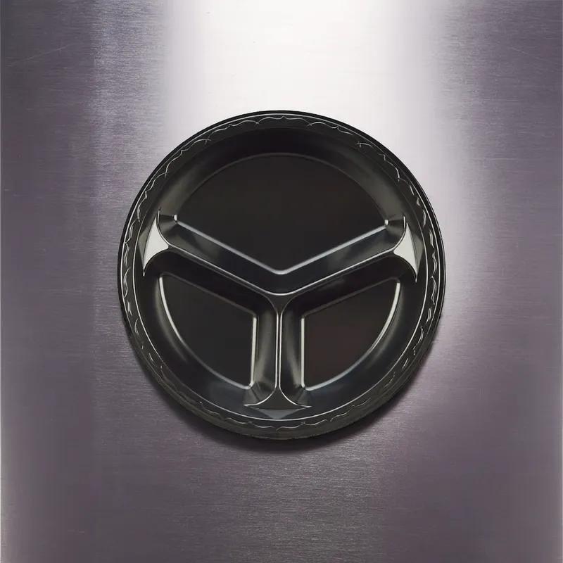 Plate 10.25 IN 3 Compartment Polystyrene Foam Black Round Laminated 500/Case