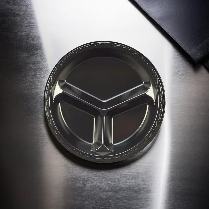 Plate 10.25 IN 3 Compartment Polystyrene Foam Black Round Laminated 500/Case