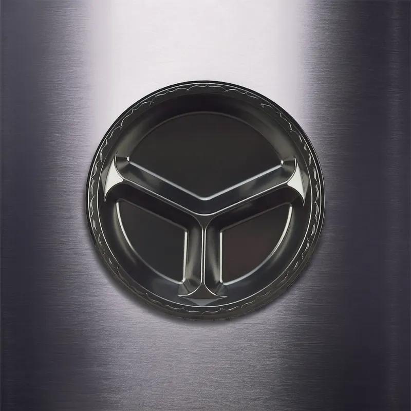 Plate 10.25 IN 3 Compartment Polystyrene Foam Black Round Laminated 500/Case