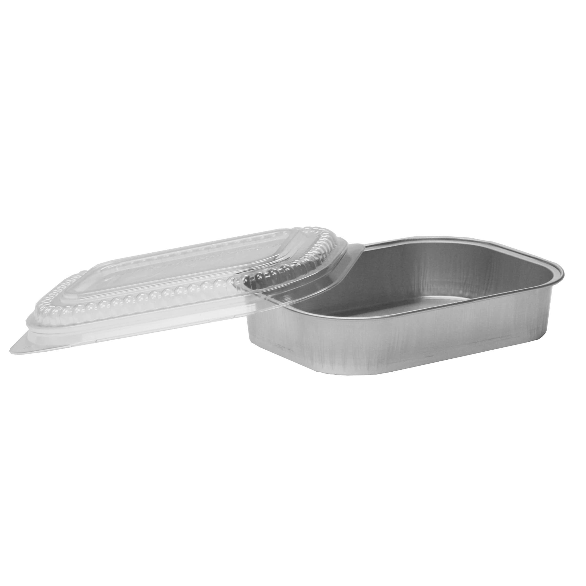 Take-Out Container Base & Lid Combo With Dome Lid 16 OZ Aluminum Plastic Silver Clear Oblong 100/Case