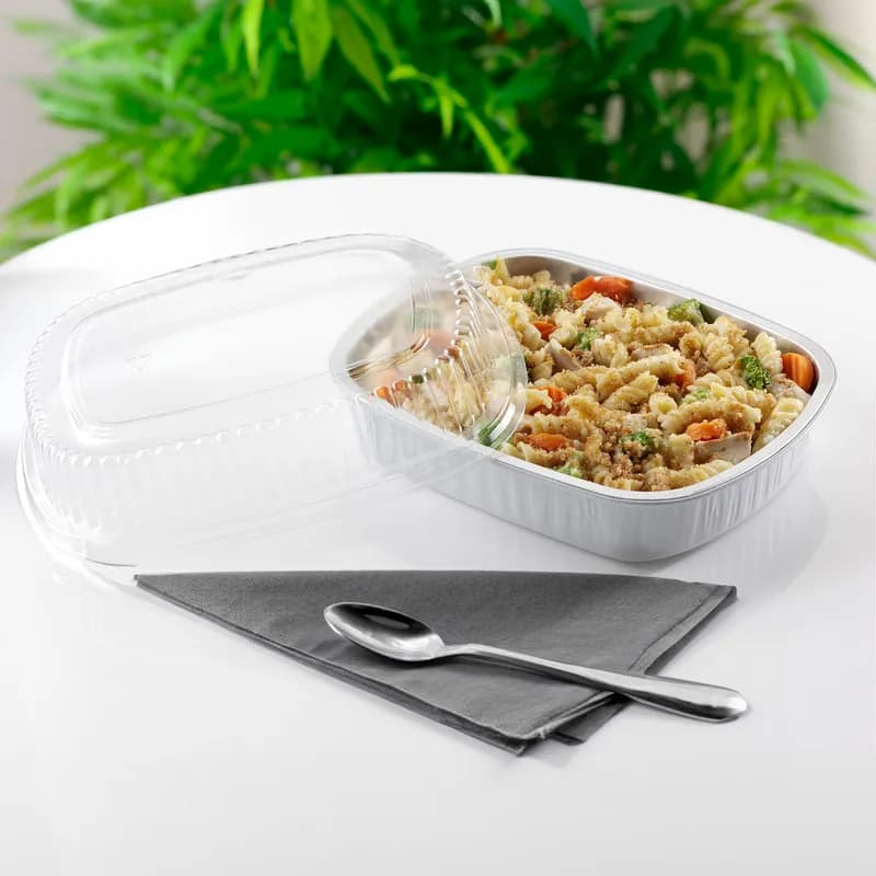 Take-Out Container Base & Lid Combo With Dome Lid 16 OZ Aluminum Plastic Silver Clear Oblong 100/Case