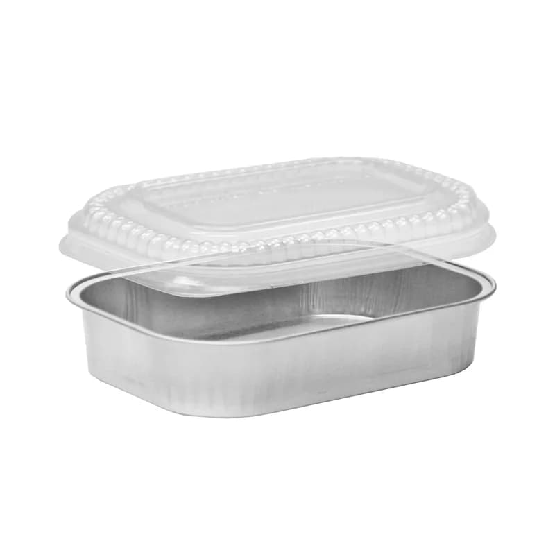 Take-Out Container Base & Lid Combo With Dome Lid 16 OZ Aluminum Plastic Silver Clear Oblong 100/Case