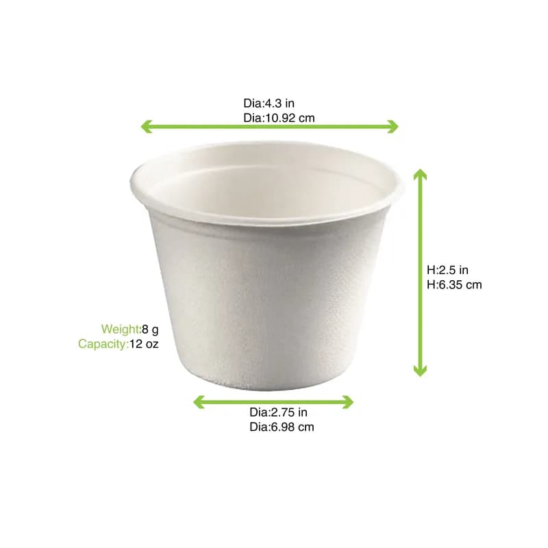 Soup Bowl 12 OZ Sugarcane White Round Grease Resistant 50 Count/Pack 10 Packs/Case 500 Count/Case