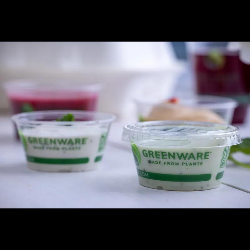 Greenware® Souffle & Portion Cup 2 OZ PLA Clear Stock Print Round 2000/Case