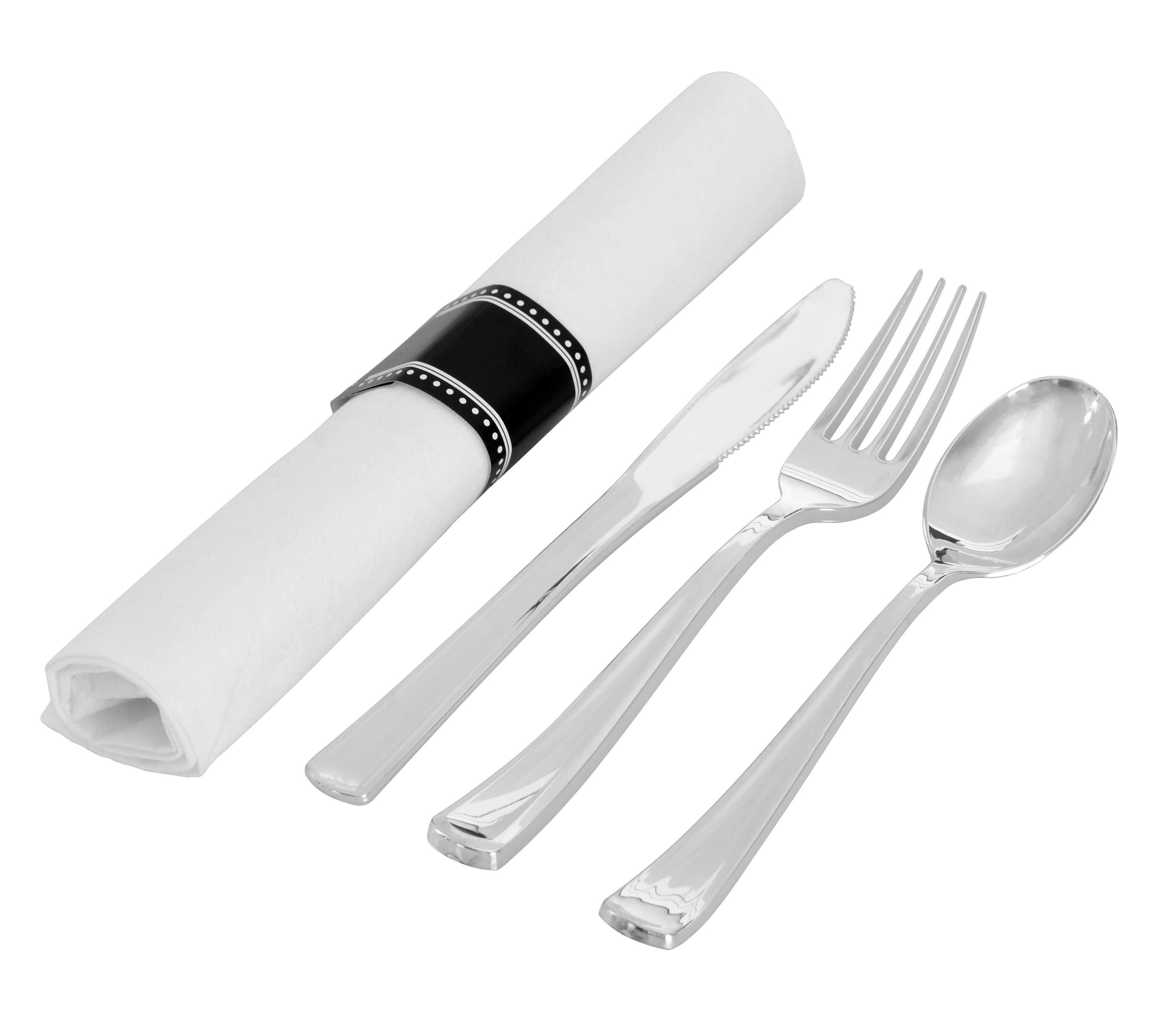 Silver Secrets 4PC Cutlery Kit Paper Plastic Silver With Napkin,Fork,Knife,Teaspoon 100/Case