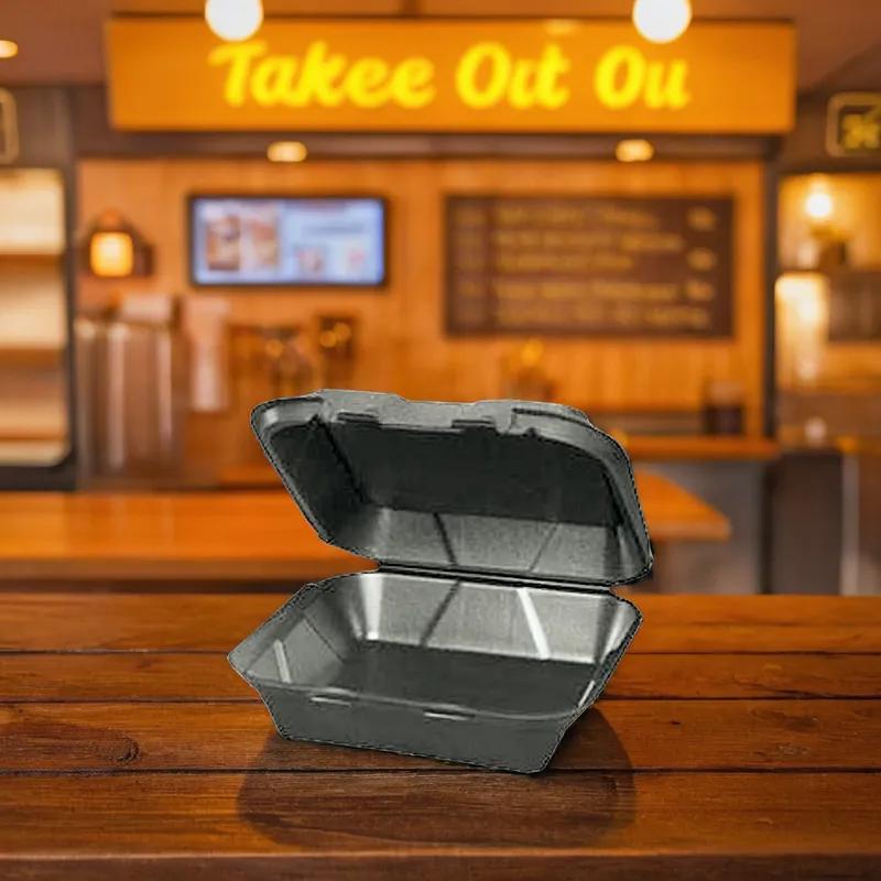 Take-Out Container Hinged 9X9 IN Polystyrene Foam Black Vented 200/Case