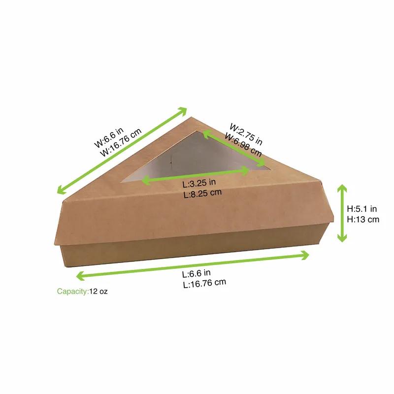 Cake Slice Box 12 OZ 6.6X6.36X5.1 IN Corrugated Cardboard PE Kraft With Window 50 Count/Pack 4 Packs/Case 200 Count/Case