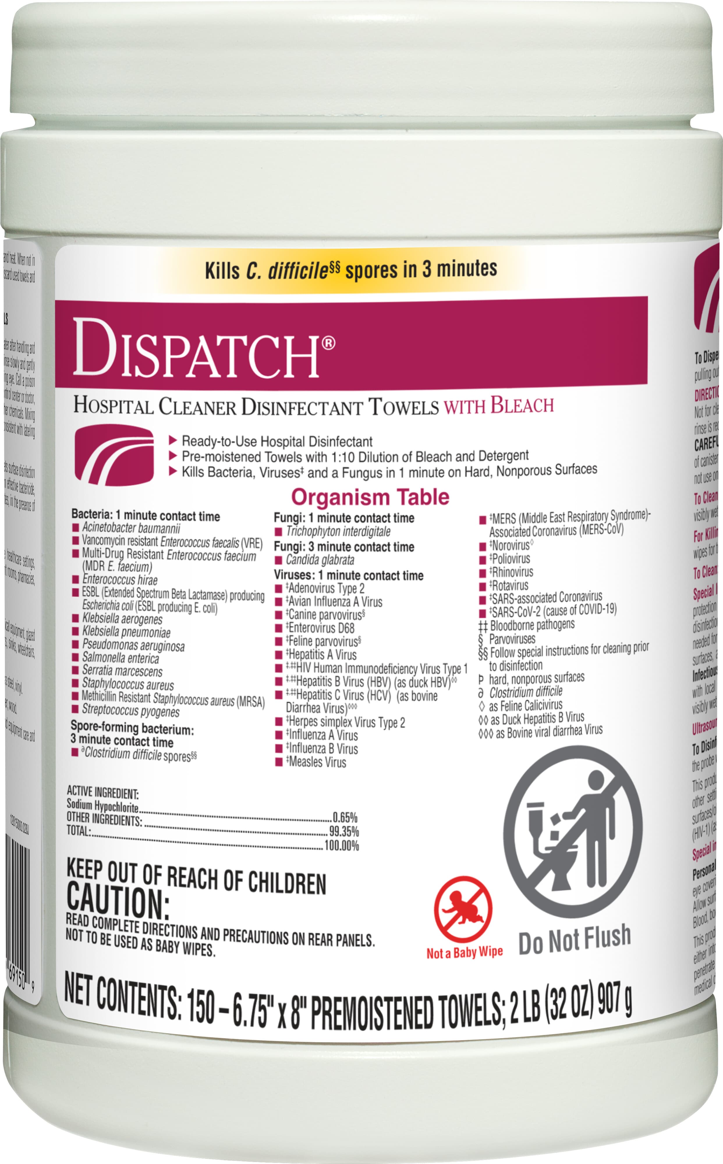 Dispatch® Fruity Floral Bleach Disinfectant Multi Surface Wipe Bleach Antibacterial 150 Count/Pack 8 Packs/Case