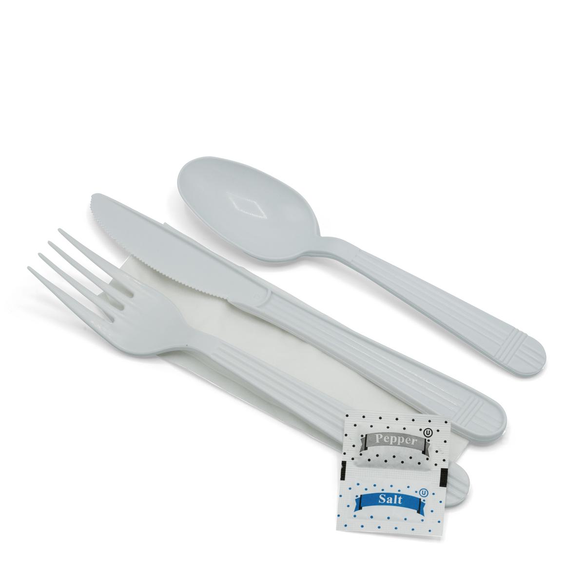 Victoria Bay 6PC Cutlery Kit PP White Heavy Duty With Napkin,Fork,Knife,Salt & Pepper,Teaspoon 250/Case