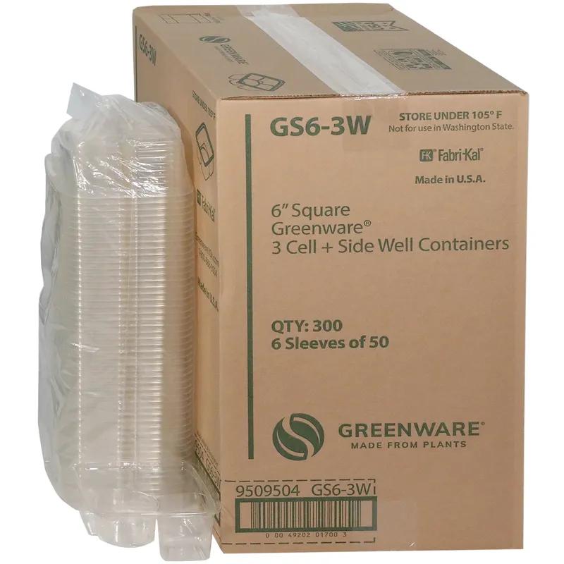 Greenware® Deli Container Base 24 OZ 3 Compartment PLA Clear Square 300/Case