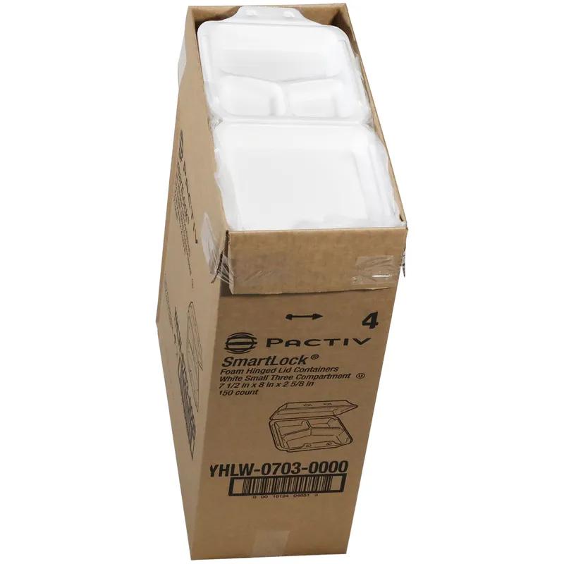 Take-Out Container Hinged With Dome Lid Small (SM) 7.5X8X2.6 IN 3 Compartment Polystyrene Foam White Square 150/Case