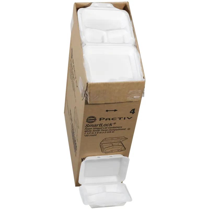 Take-Out Container Hinged With Dome Lid Small (SM) 7.5X8X2.6 IN 3 Compartment Polystyrene Foam White Square 150/Case