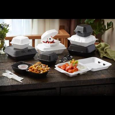 Take-Out Container Hinged With Dome Lid Small (SM) 7.5X8X2.6 IN 3 Compartment Polystyrene Foam White Square 150/Case