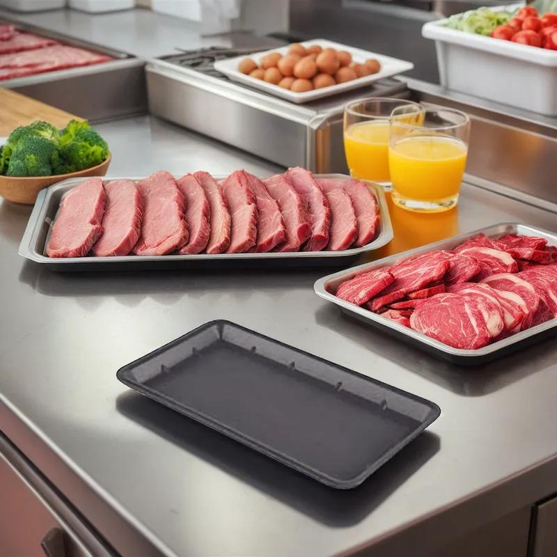 7 Meat Tray 5.81X14.88X0.75 IN Polystyrene Foam Black Rectangle 250/Case