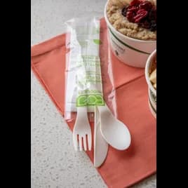Plantware® 4PC Cutlery Kit 6 IN PLA White High Heat With 1PLY 13X13 Napkin,Fork,Knife,Spoon 250/Case