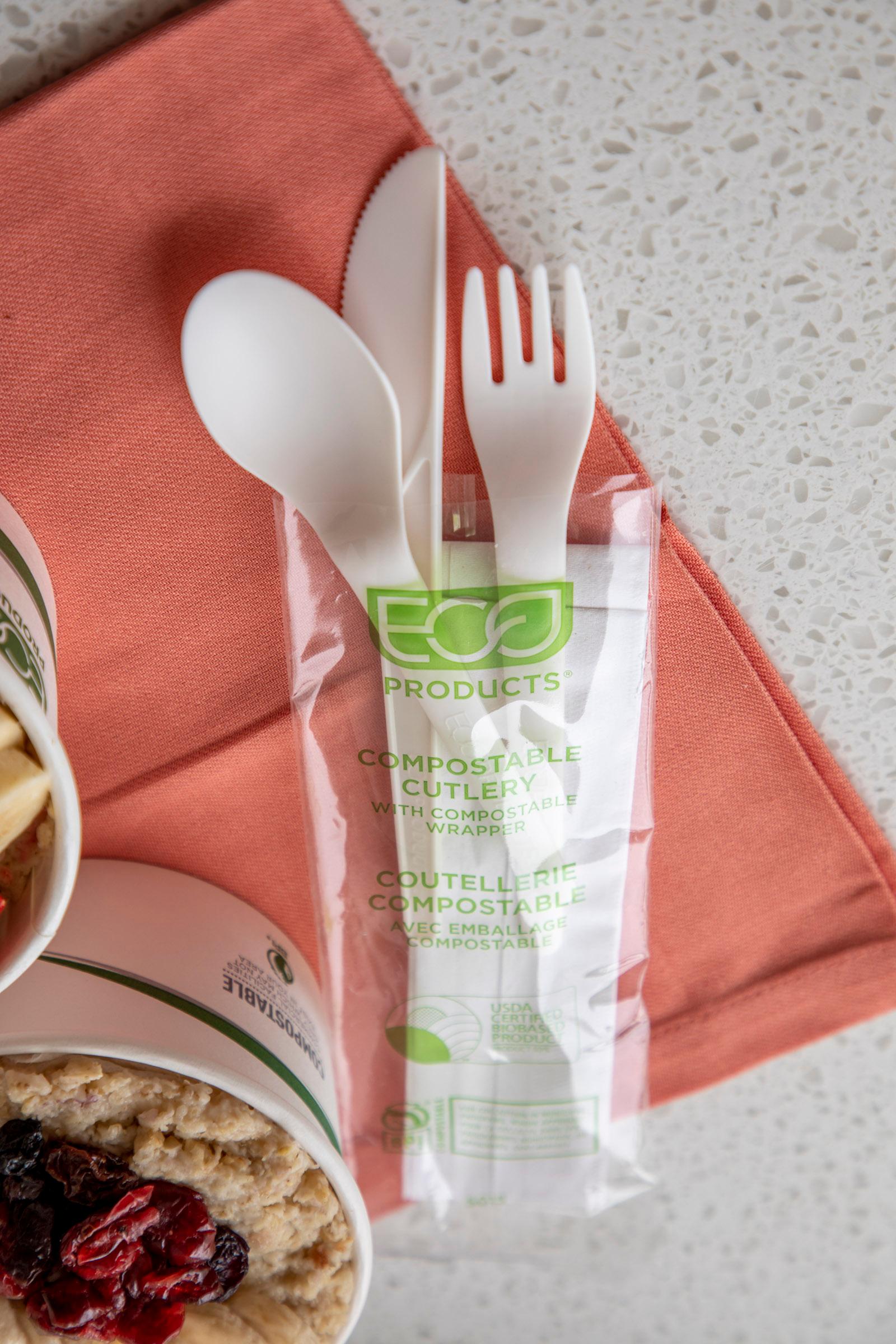 Plantware® 4PC Cutlery Kit 6 IN PLA White High Heat With 1PLY 13X13 Napkin,Fork,Knife,Spoon 250/Case