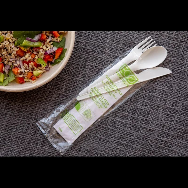 Plantware® 4PC Cutlery Kit 6 IN PLA White High Heat With 1PLY 13X13 Napkin,Fork,Knife,Spoon 250/Case