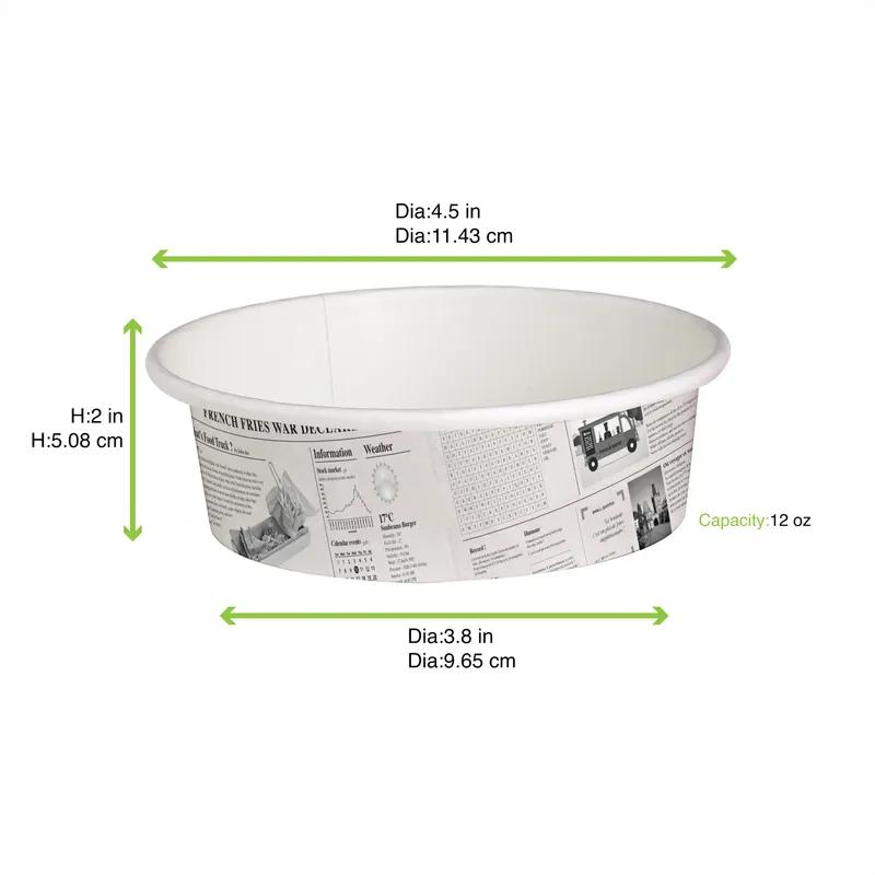 Food Container Base 12 OZ Paper Black White Newspaper Print Round 50 Count/Pack 10 Packs/Case 500 Count/Case