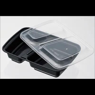 Take-Out Container Base & Lid Combo With Dome Lid 28 OZ 2 Compartment Plastic Black Clear Rectangle 150/Case