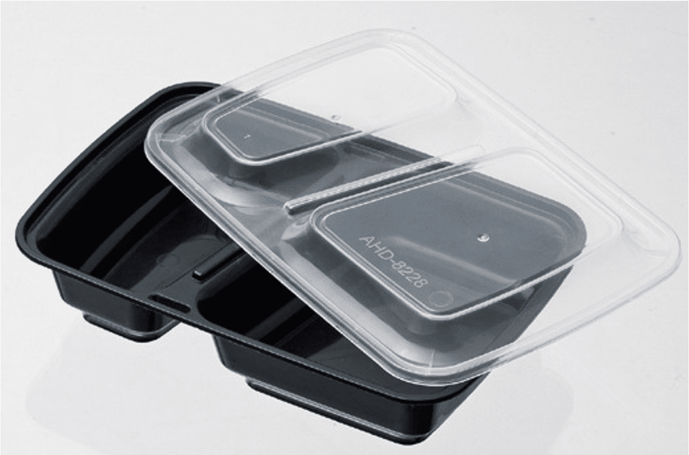 Take-Out Container Base & Lid Combo With Dome Lid 28 OZ 2 Compartment Plastic Black Clear Rectangle 150/Case