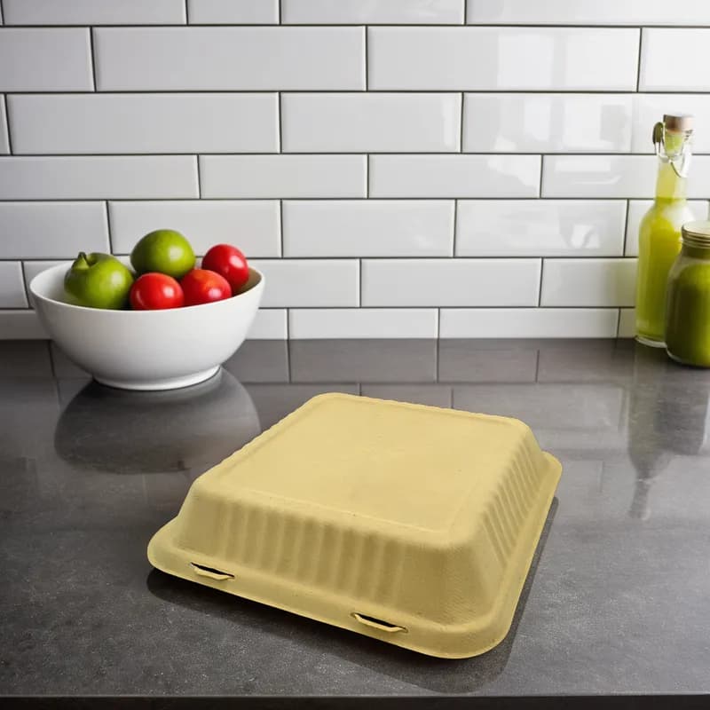 Take-Out Container Hinged 9X9X3 IN Molded Fiber Kraft Square 200/Case