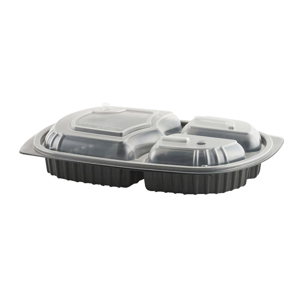 Take-Out Container Base & Lid Combo 3 Compartment PP Black Clear Microwave Safe 126/Case