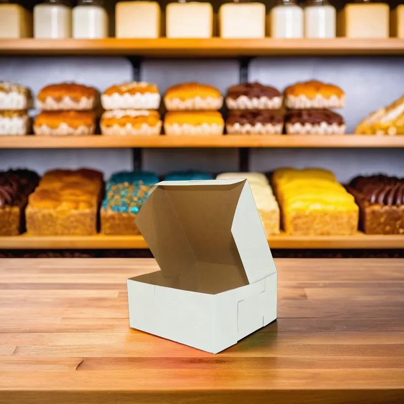 Easy Lock Cake Box 8X8X3 IN SUS Paperboard CRB White Square Lock Corner 1-Piece 250/Bundle