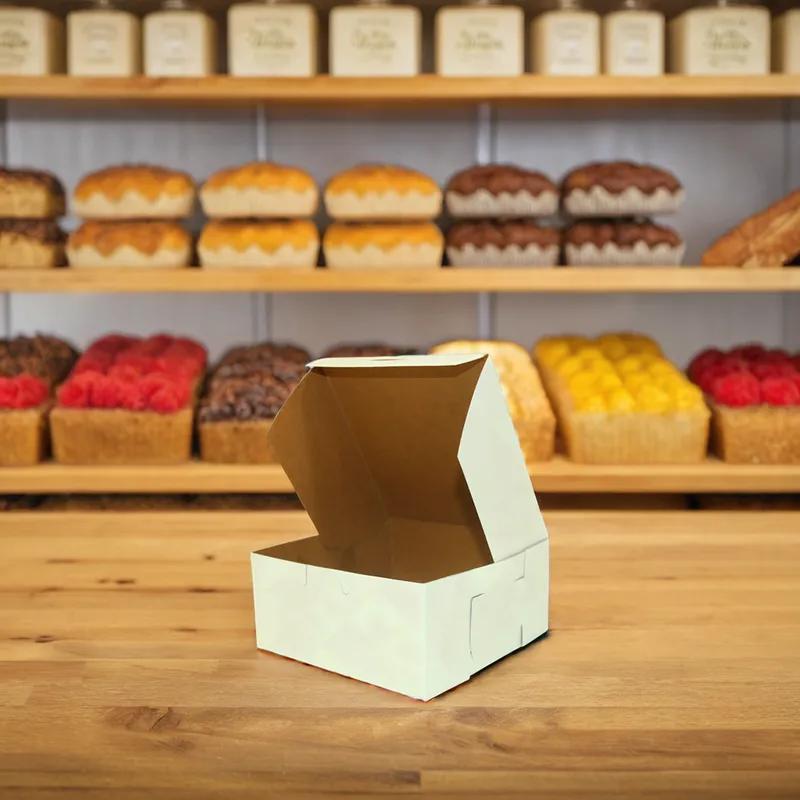 Easy Lock Cake Box 8X8X3 IN SUS Paperboard CRB White Square Lock Corner 1-Piece 250/Bundle