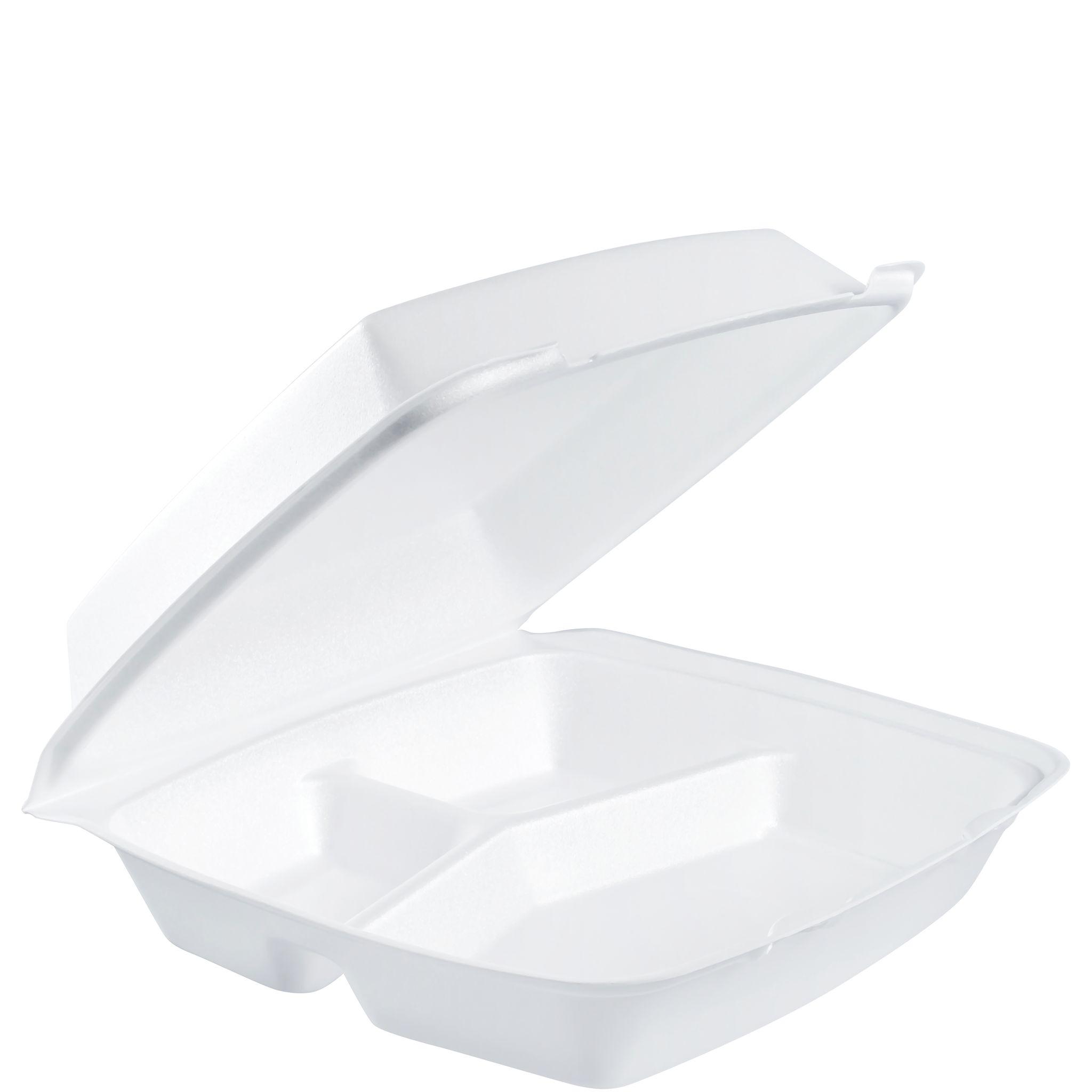 Dart® Take-Out Container Hinged With Dome Lid XL 10.26X9.5X3.4 IN 3 Compartment XPS White 100 Count/Pack 2 Packs/Case