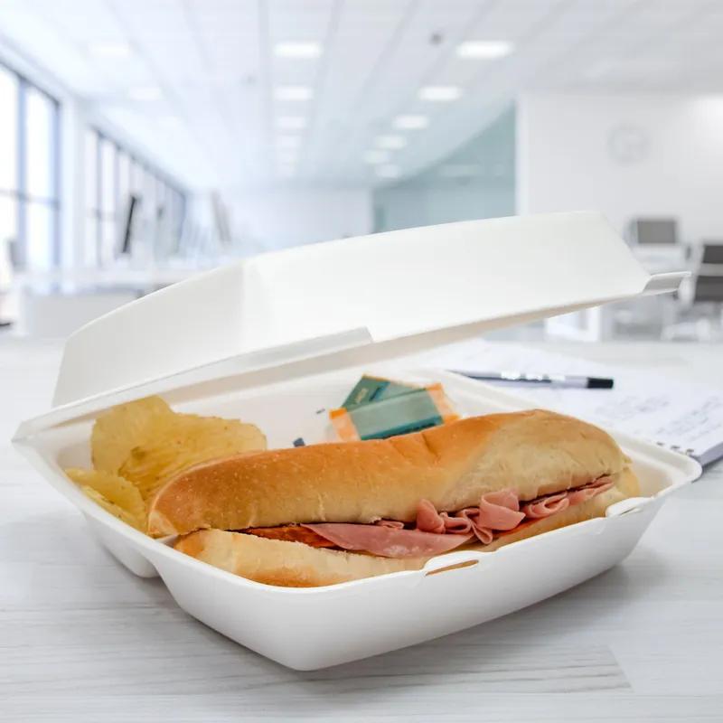 Dart® Take-Out Container Hinged With Dome Lid XL 10.26X9.5X3.4 IN 3 Compartment XPS White 100 Count/Pack 2 Packs/Case