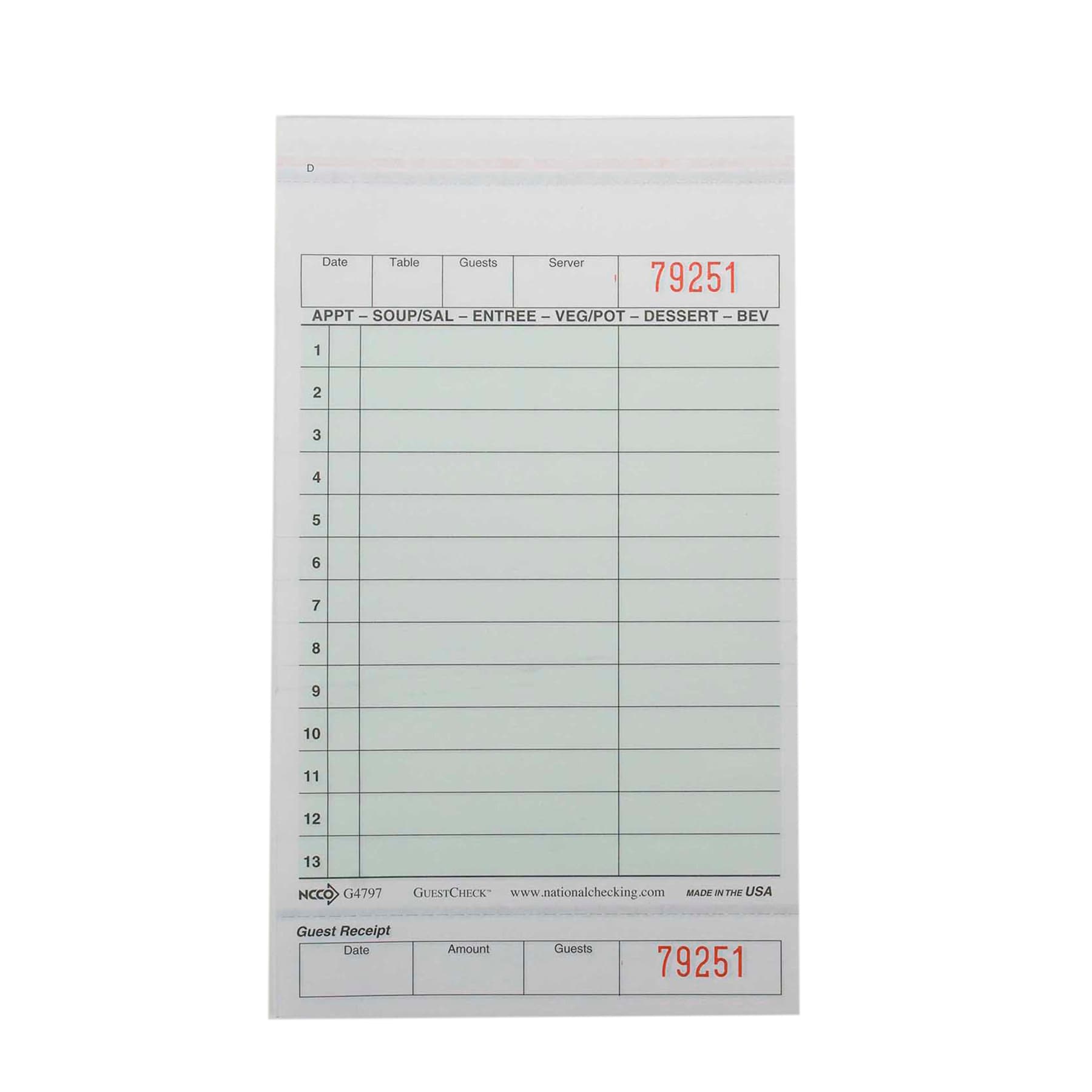 Guest Check 4.25X7.25 IN Green Medium-Wide 2-Part Carbonless 13 Line 50 Sheets/Pack 40 Packs/Case 2000 Count/Case
