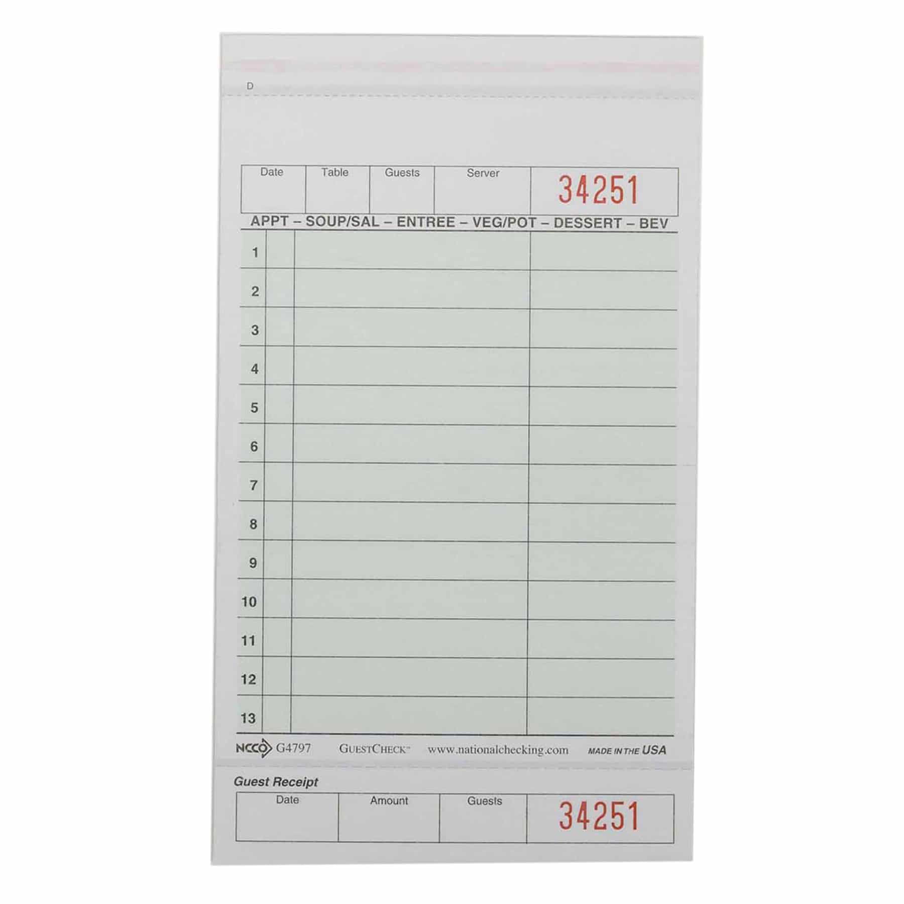 Guest Check 4.25X7.25 IN Green Medium-Wide 2-Part Carbonless 13 Line 50 Sheets/Pack 40 Packs/Case 2000 Count/Case