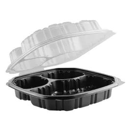 Take-Out Container Hinged With Dome Lid 40 OZ 3 Compartment PP Black Clear Convertible Anti-Fog 100/Case