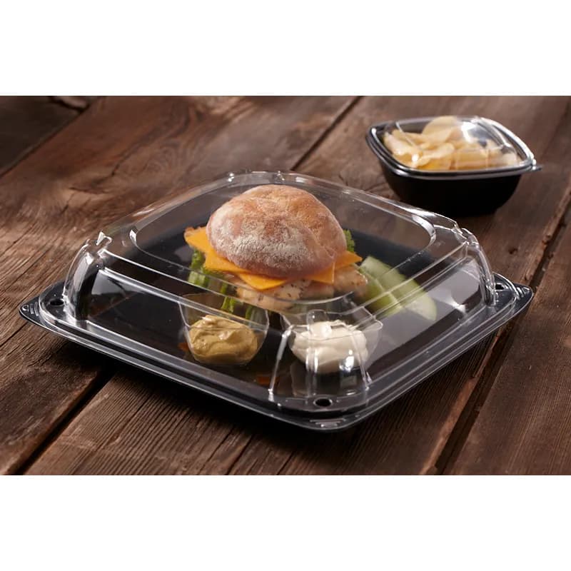 UltraStack® Take-Out Container Base & Lid Combo With Dome Lid 14.1X14.1X4.54 IN PET Black Clear Square 25/Case