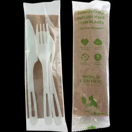 4PC Cutlery Kit TPLA White Individually Wrapped With Kraft Napkin,Fork,Knife,Spoon 250/Case