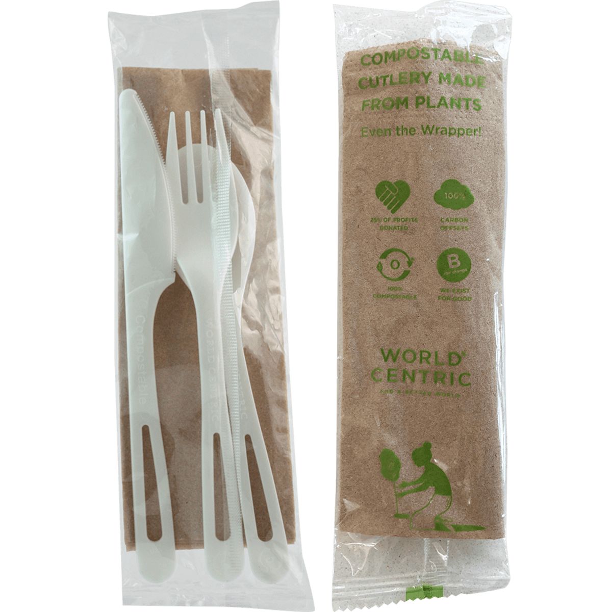 4PC Cutlery Kit TPLA White Individually Wrapped With Kraft Napkin,Fork,Knife,Spoon 250/Case