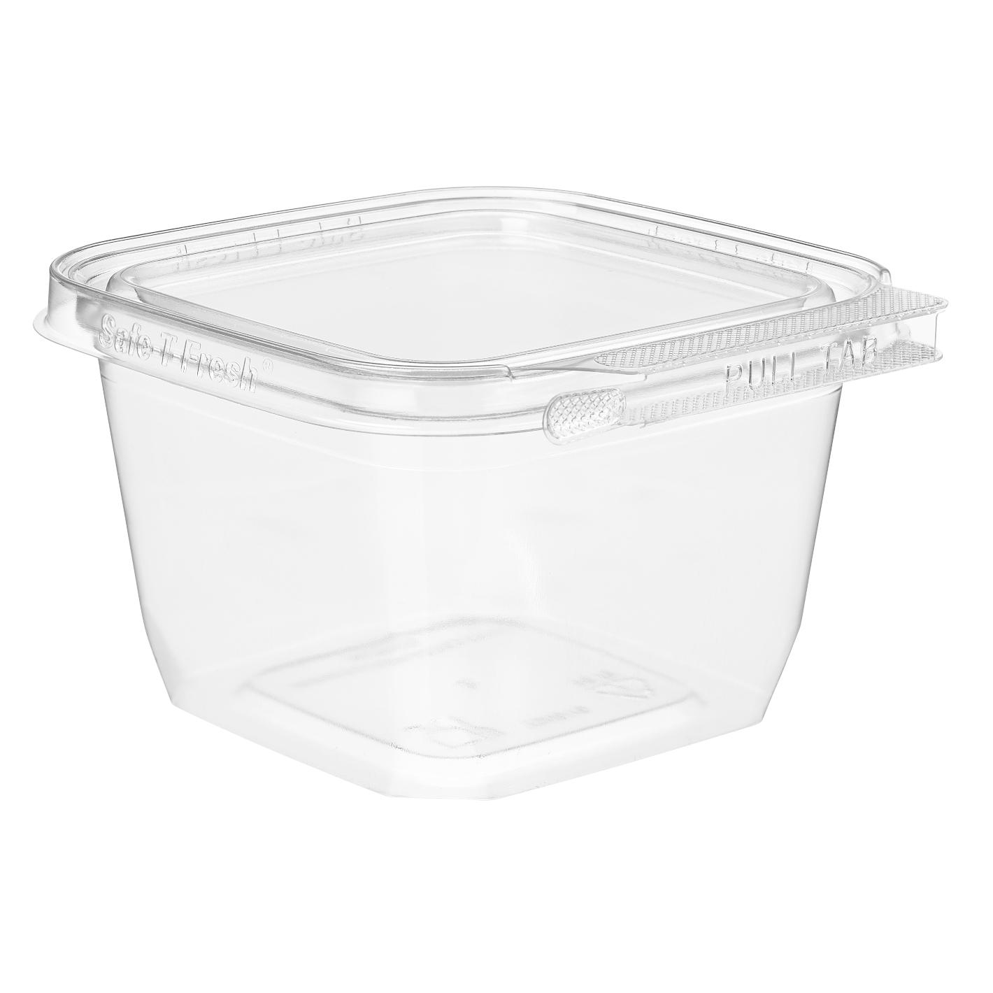 Safe-T-Fresh® Deli Container Hinged With Flat Lid 16 OZ rDPET Clear Square 276/Case