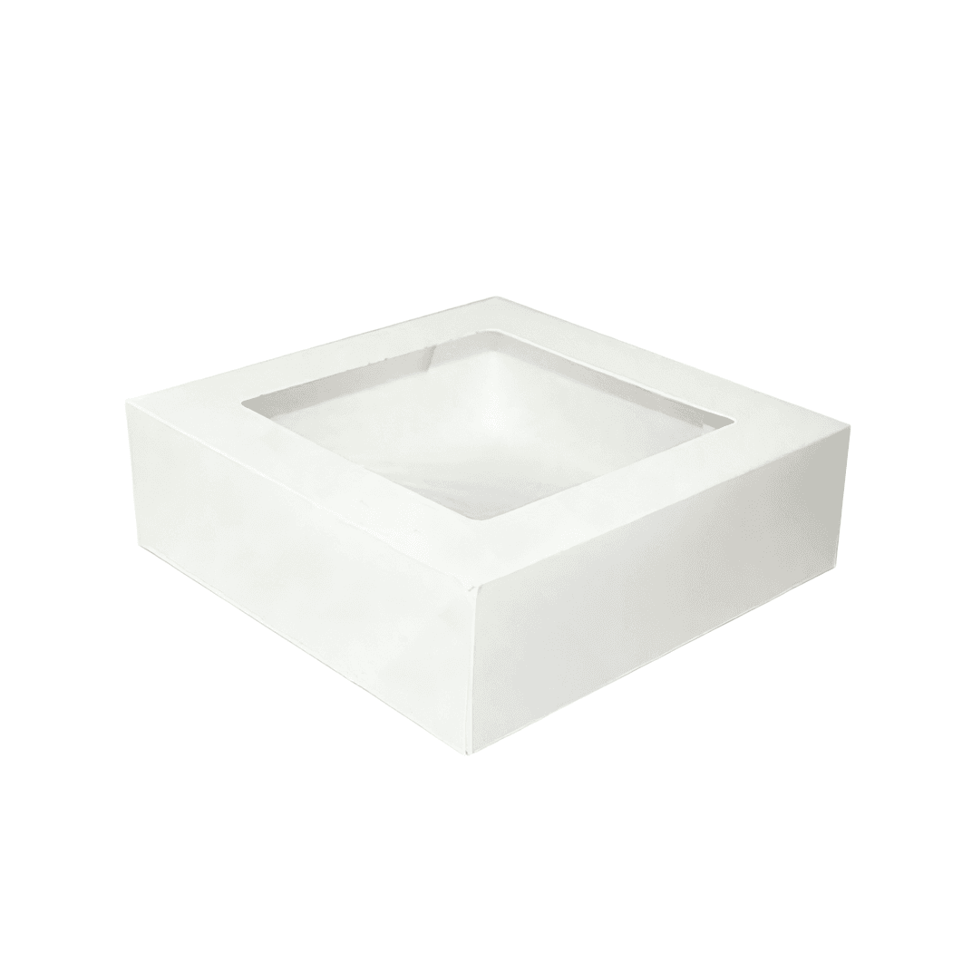 Cake Box 8X8X2.5 IN Paperboard White Square 4 Corner Beers 1-Piece Automatic With Window 200/Case