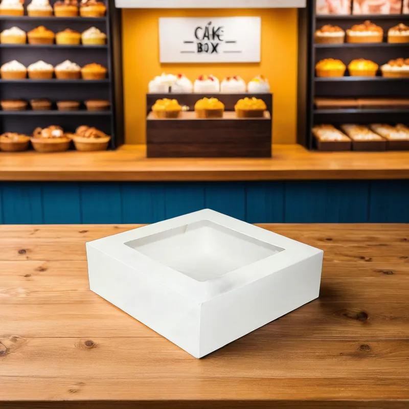 Cake Box 8X8X2.5 IN Paperboard White Square 4 Corner Beers 1-Piece Automatic With Window 200/Case